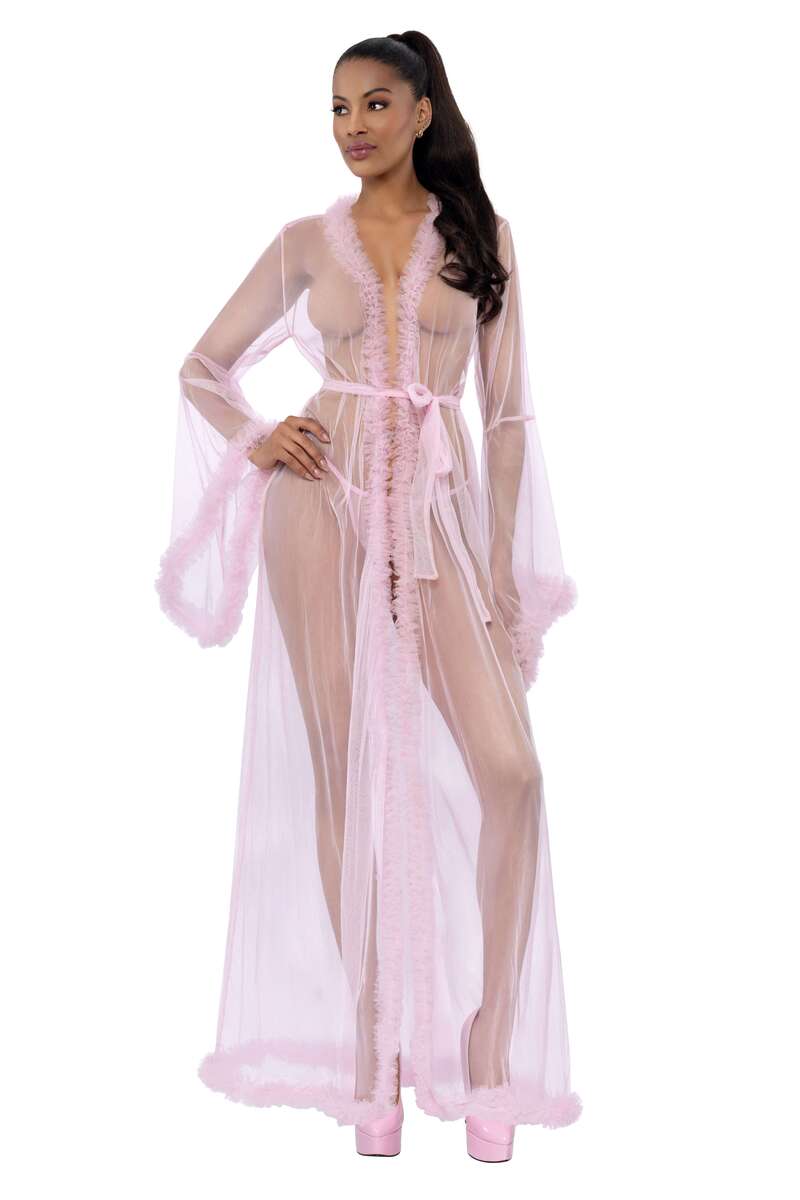 Feather Trim Sheer Mesh Robe Pink Front