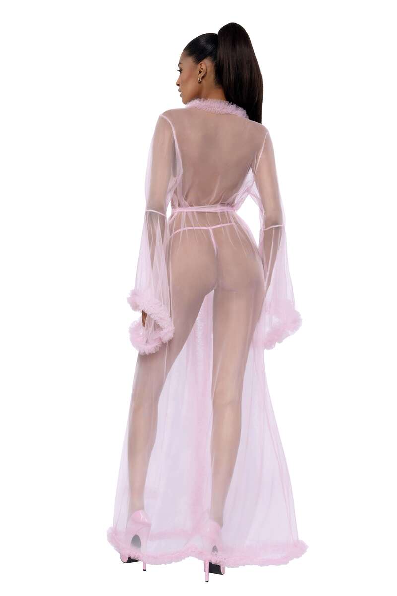 Feather Trim Sheer Mesh Robe Pink Back