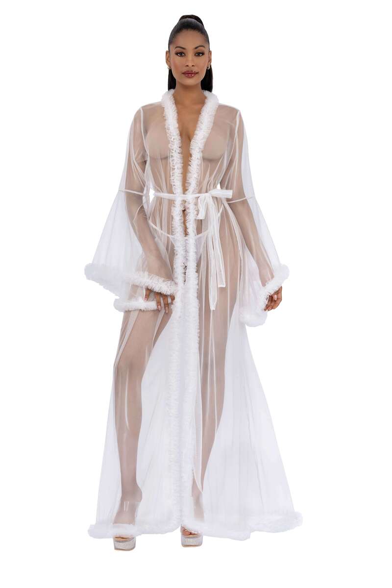 Feather Trim Sheer Mesh Robe White Front