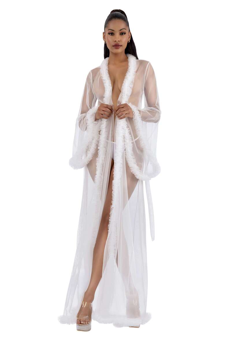 Feather Trim Sheer Mesh Robe White Front Open