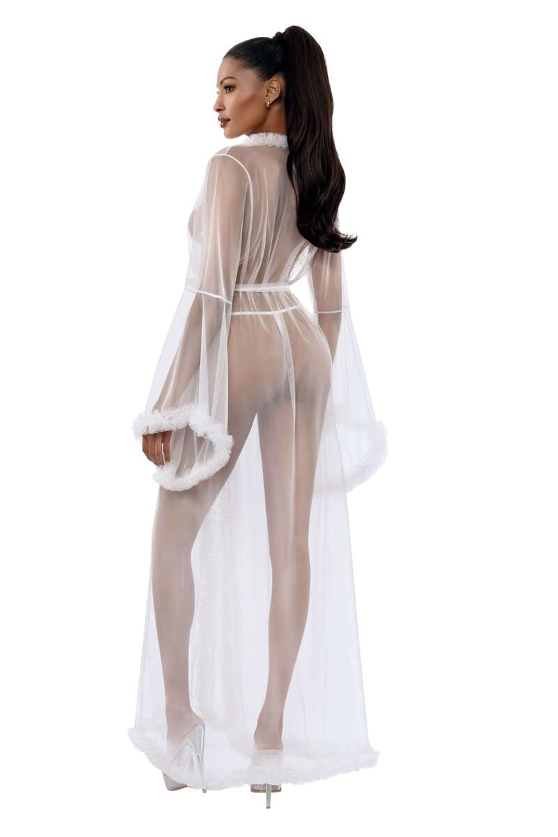 Feather Trim Sheer Mesh Robe White Back