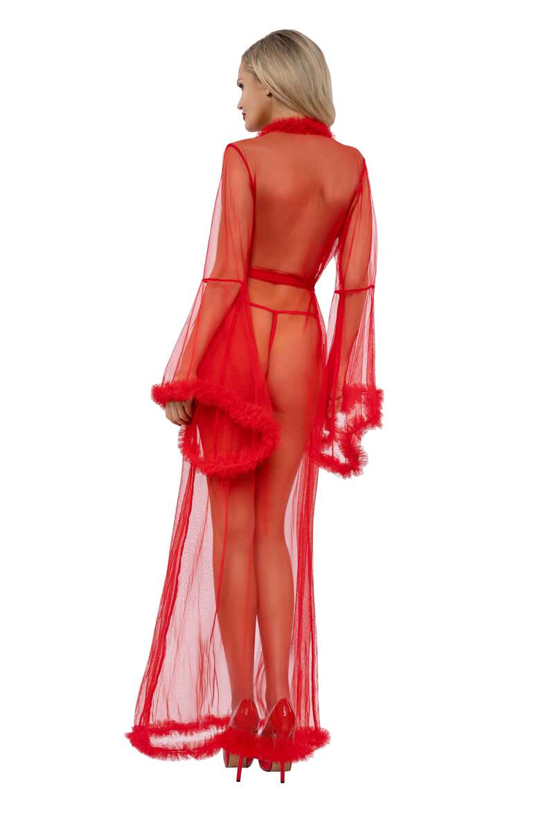 Feather Trim Sheer Mesh Robe Red Back