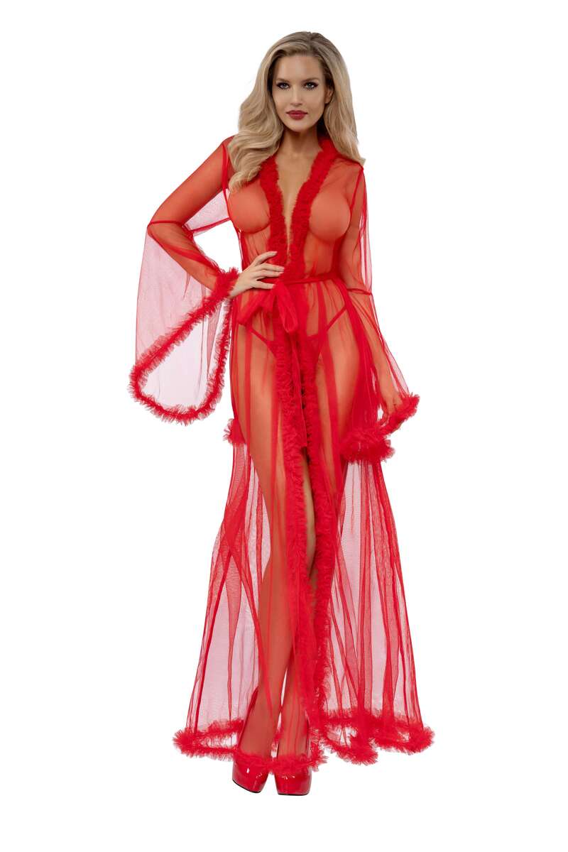 Feather Trim Sheer Mesh Robe Red Front