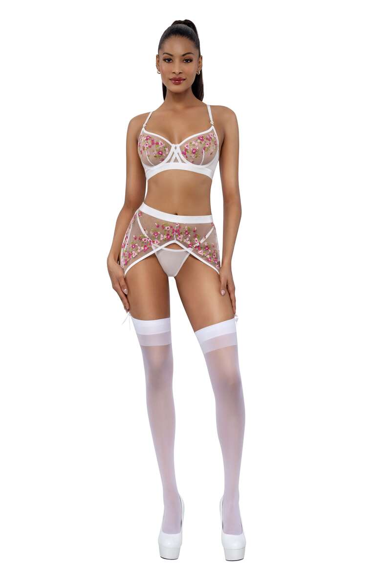Embroidered Mesh Garter Belt Set White Pink Front