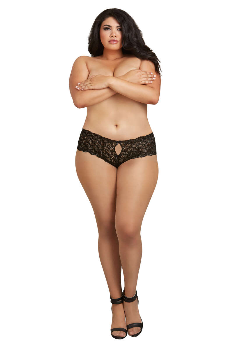 Plus Size Heart Stretch Lace Panty Black Front