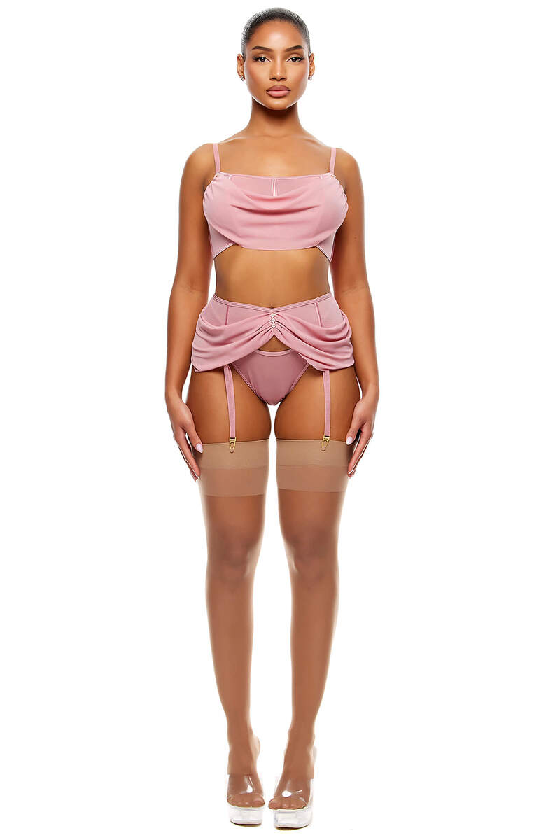 Princess Treatment Draped Mesh Bra & Garter Belt Lingerie Set Mauve Front