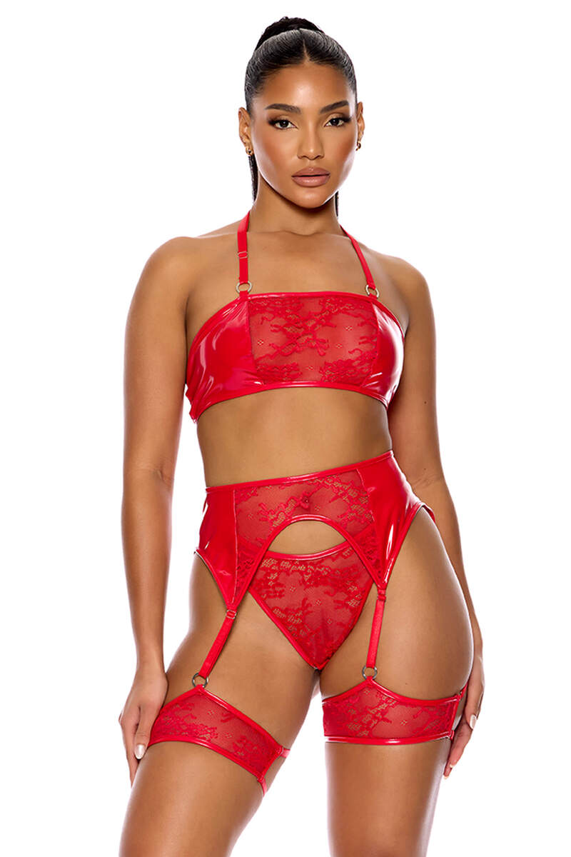 Perfect Pair Vinyl & Lace Lingerie Set Red Front