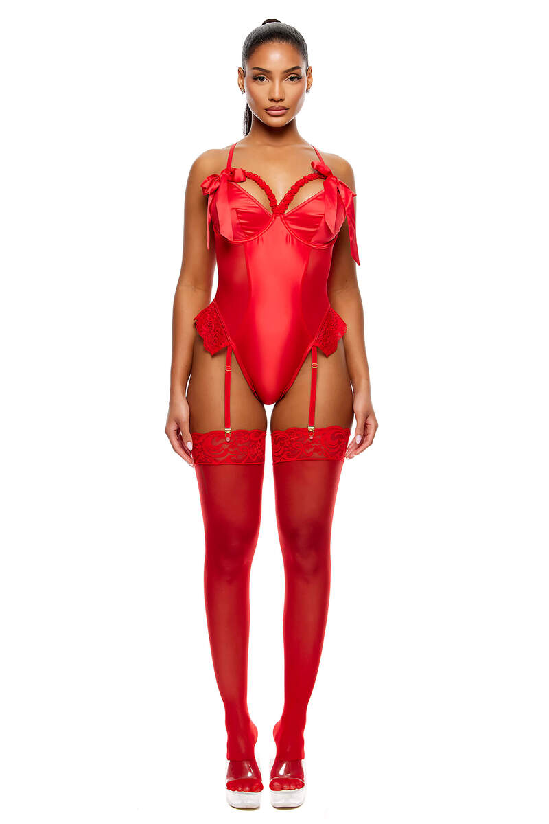 No Strings Attached Satin & Mesh Lace Trim Teddy Set