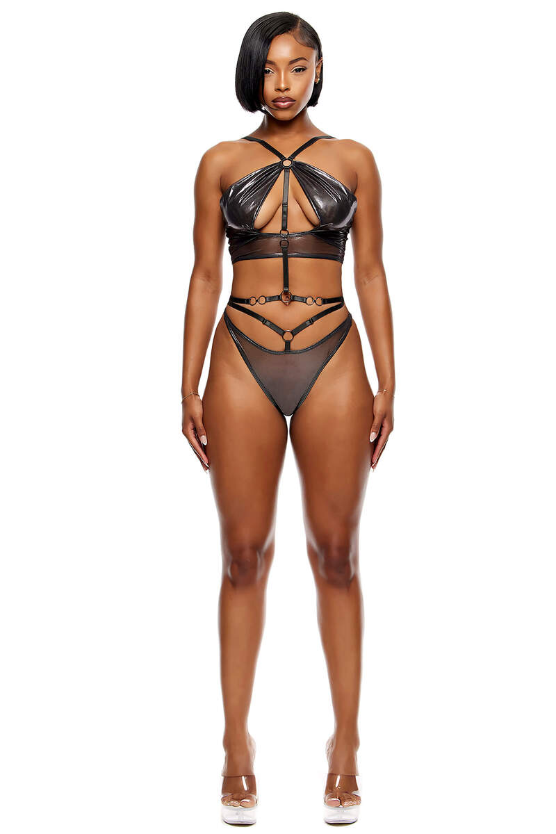 Liquid Metal Metallic Mesh Halterneck Bra Lingerie Set