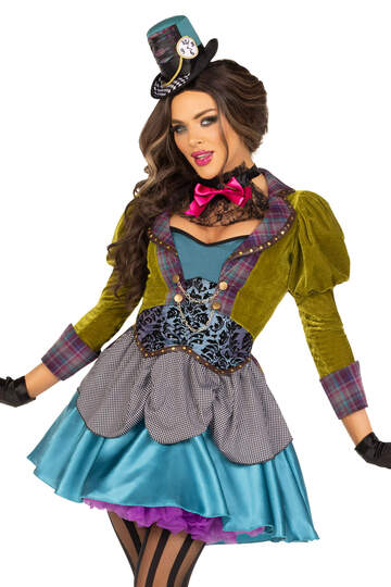 Deluxe Mad Hatter Costume Green Blue Front Closeup