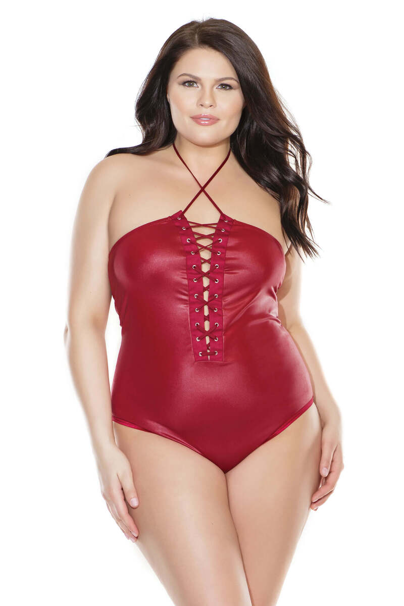 Merlot Wet Look Lace Up Plus Size Teddy