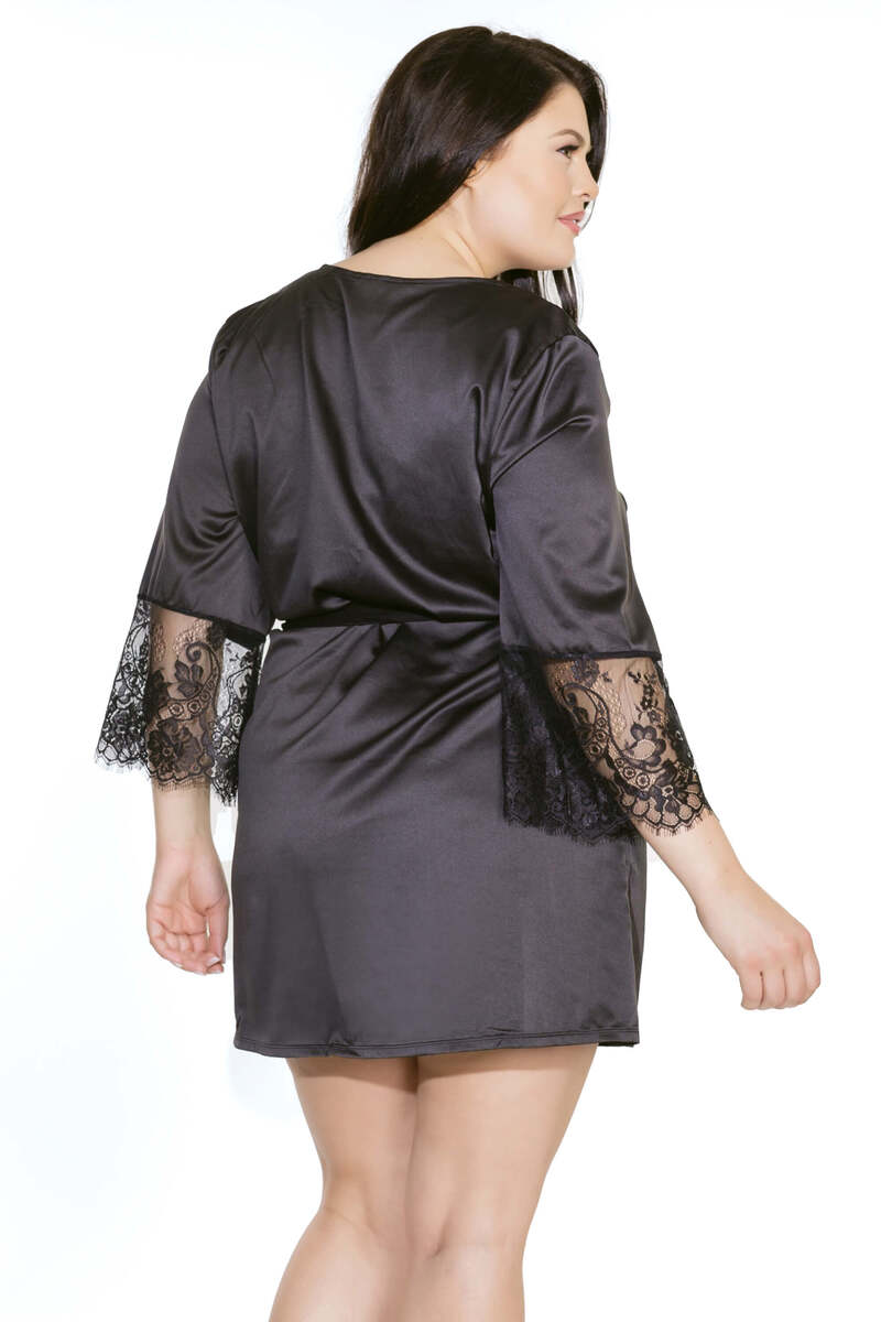Plus Size Stretch Satin & Eyelash Lace Robe