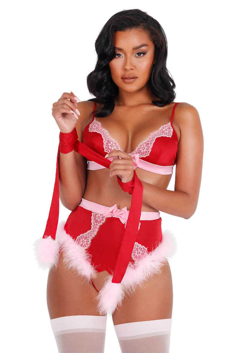 Holiday Love Lace & Satin Marabou Bra Set