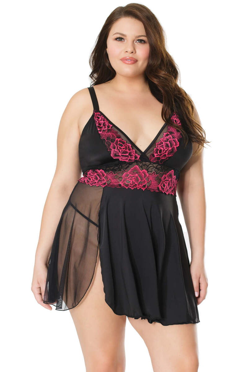 Plus Size Two Tone Babydoll & G-String Set