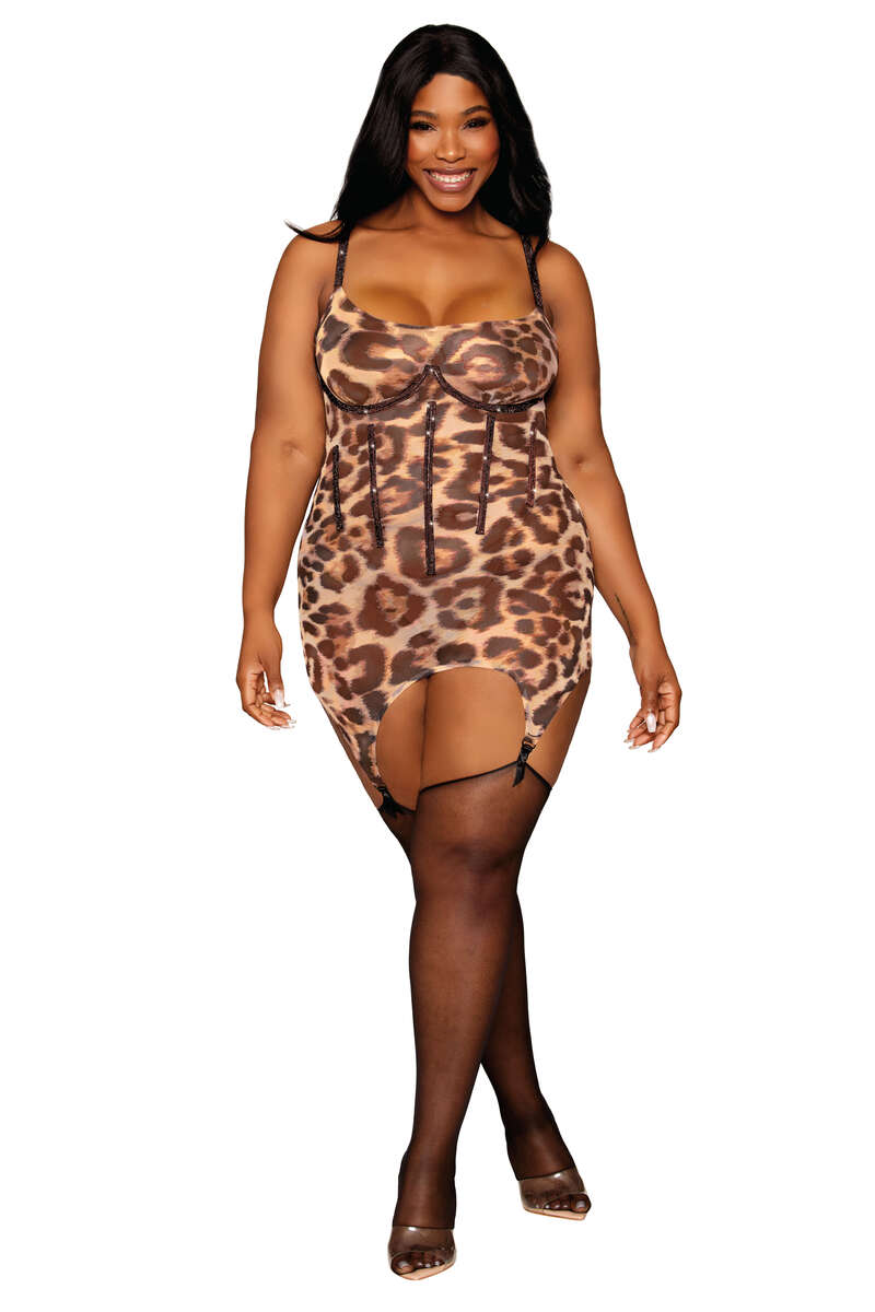 Plus Size Leopard Printed Stretch Mesh Garter Slip