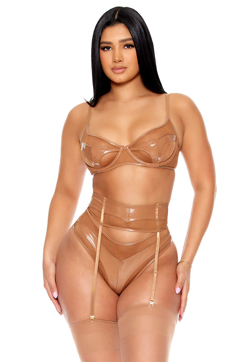 Opposites Attract Mesh & Vinyl Lingerie Set Opposites Attract Mesh & Vinyl Lingerie Set