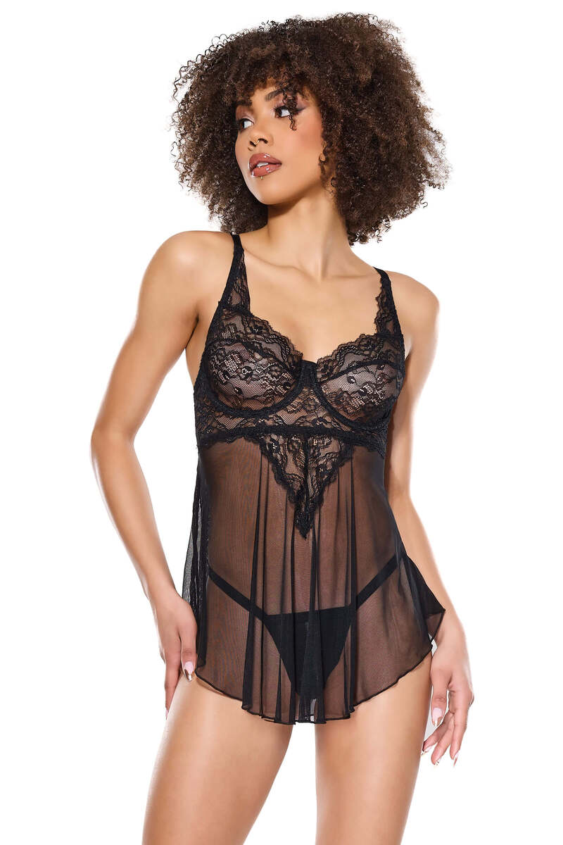 Back to Basics Babydoll & G-String Set Black Alternate