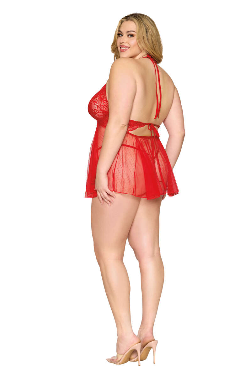 Plus Size Flirty Dot Mesh Babydoll & G-String Set