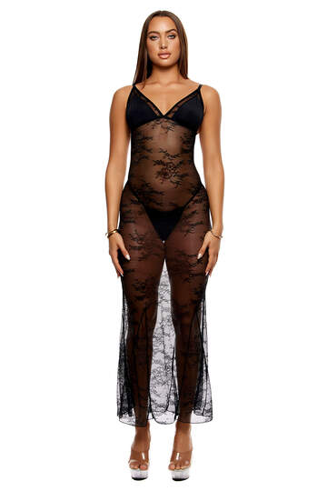 Take It Easy Lounge Lace Nightgown Lingerie Set Black Front Alternate