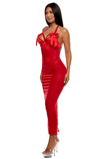 No Strings Attached Satin & Mesh Lace Trim Nightgown Lingerie Set