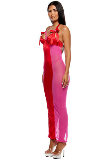 No Strings Attached Satin & Mesh Lace Trim Nightgown Lingerie Set