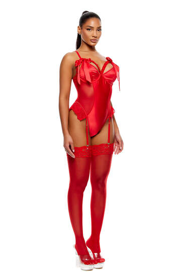 No Strings Attached Satin & Mesh Lace Trim Teddy Set