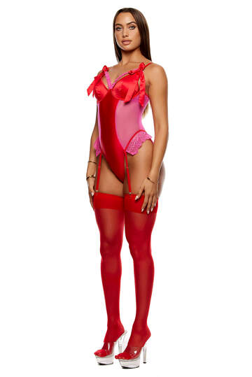 No Strings Attached Satin & Mesh Lace Trim Teddy Set