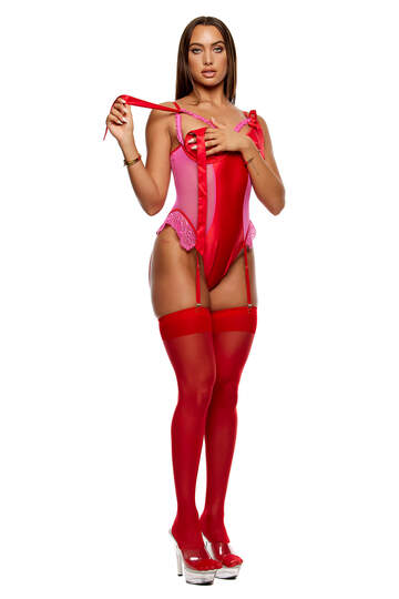 No Strings Attached Satin & Mesh Lace Trim Teddy Set
