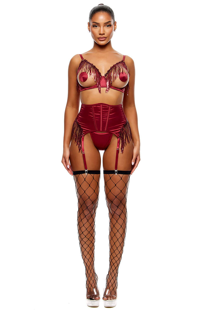 Peep Show Sequin Fringe Bra and Waist Cincher Lingerie Set Wine Front