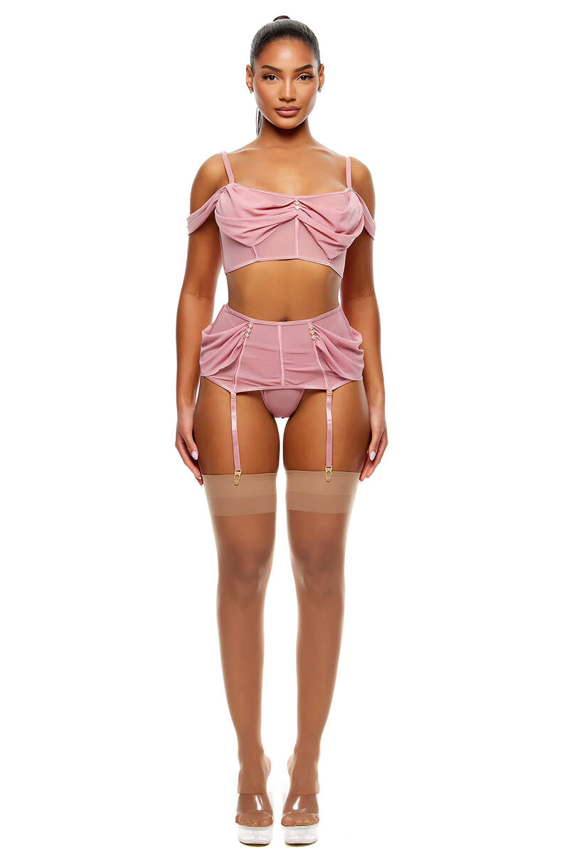 Princess Treatment Draped Mesh Bra & Garter Skirt Lingerie Set Mauve Front Princess Treatment Draped Mesh Bra & Garter Skirt Lingerie Set Mauve Front