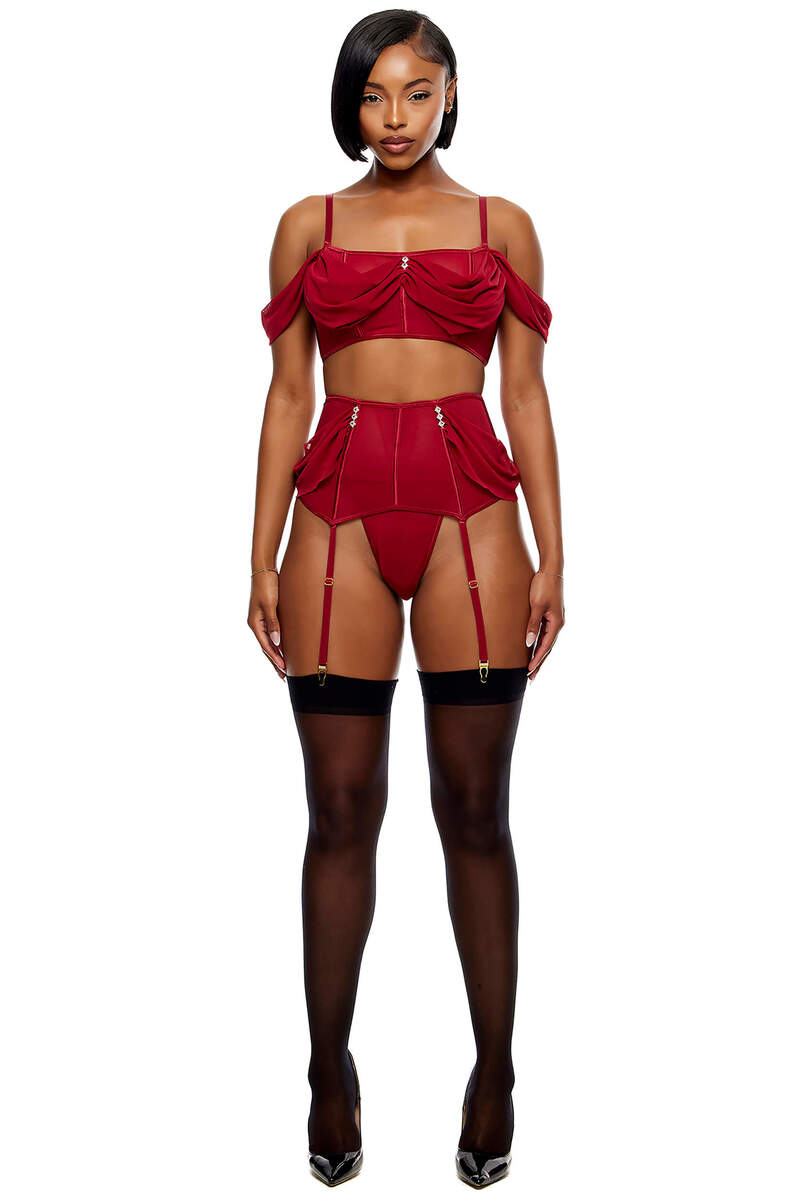 Princess Treatment Draped Mesh Bra & Garter Skirt Lingerie Set Wine Front Princess Treatment Draped Mesh Bra & Garter Skirt Lingerie Set Wine Front