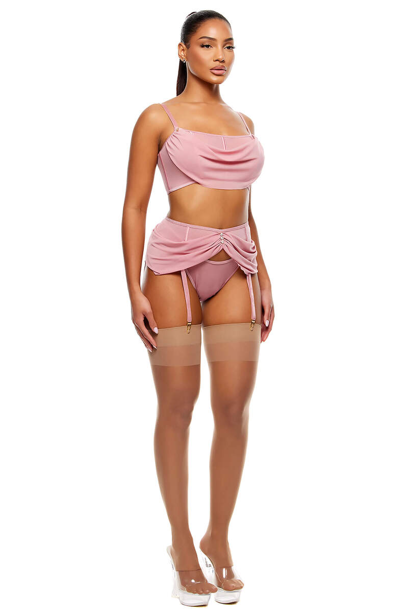 Princess Treatment Draped Mesh Bra & Garter Belt Lingerie Set Mauve Side Princess Treatment Draped Mesh Bra & Garter Belt Lingerie Set Mauve Side