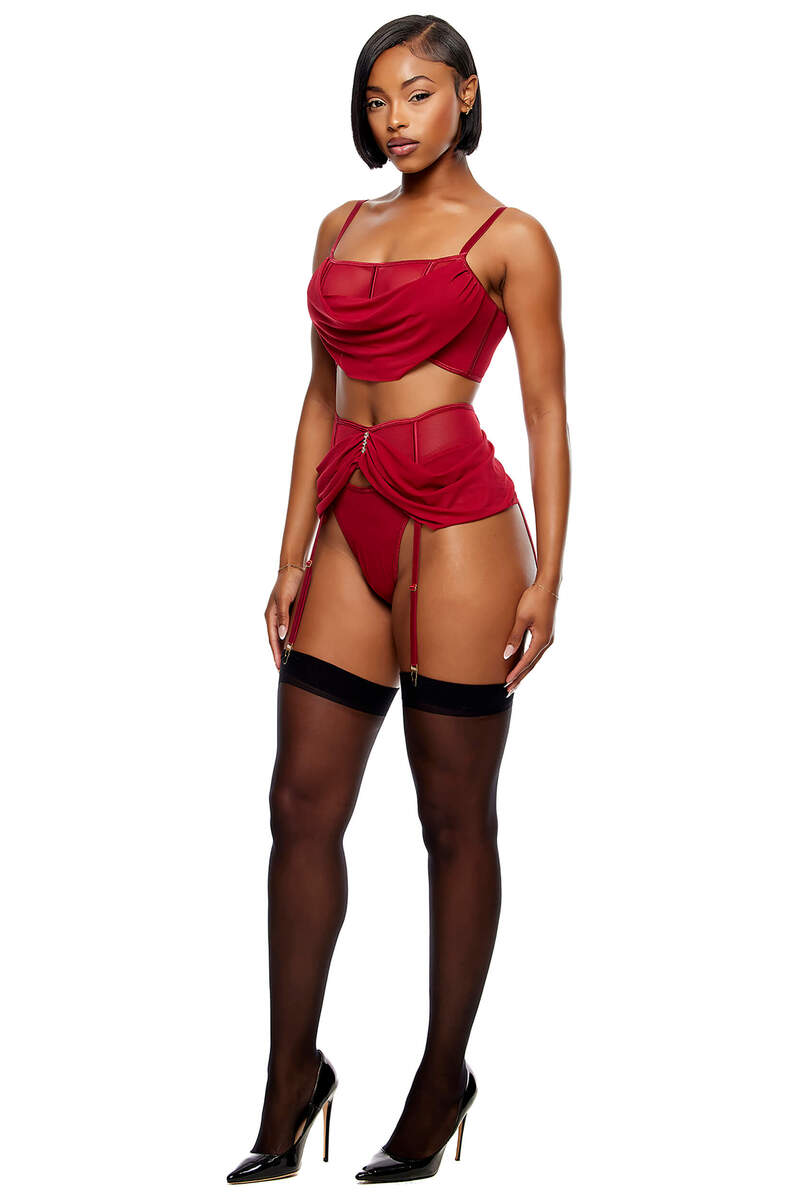 Princess Treatment Draped Mesh Bra & Garter Belt Lingerie Set Wine Side Princess Treatment Draped Mesh Bra & Garter Belt Lingerie Set Wine Side
