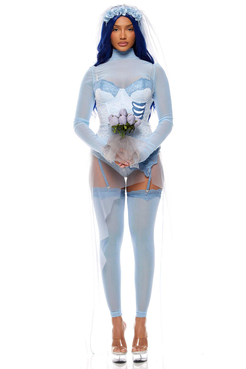Always a Bridesmaid Movie Character Costume Blue Front Holding Flowers