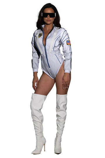 Alluring Astronaut Costume Silver Front Posing