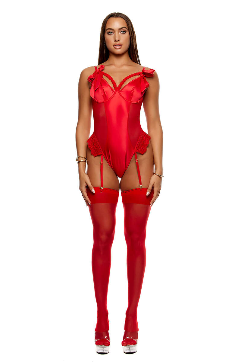 No Strings Attached Satin & Mesh Lace Trim Teddy Set