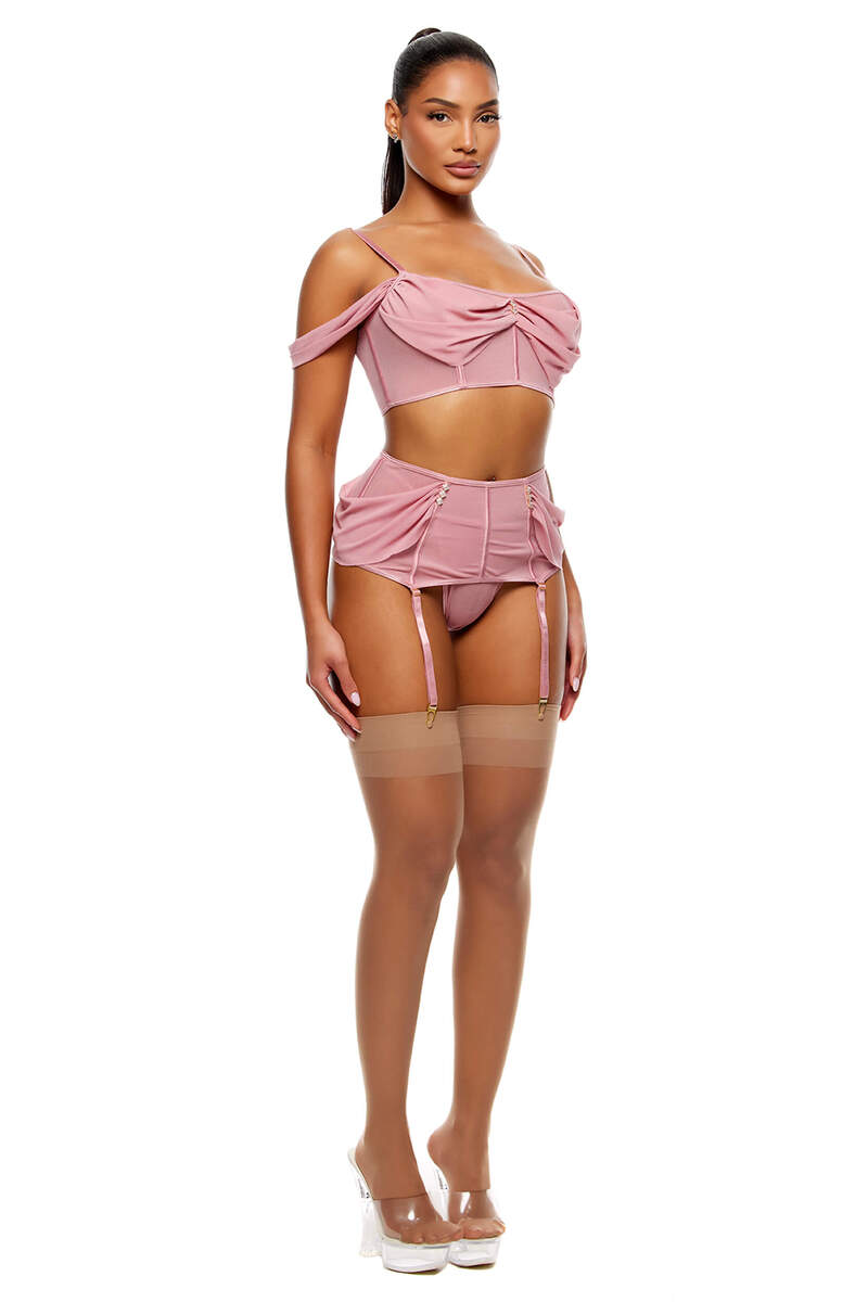 Princess Treatment Draped Mesh Bra & Garter Skirt Lingerie Set Mauve Side