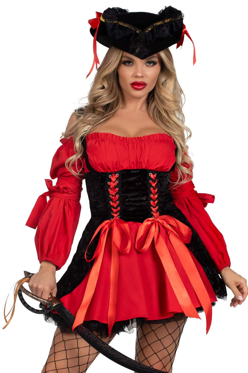 Vixen Vigilante Pirate Wench Costume Red Black Front Closeup