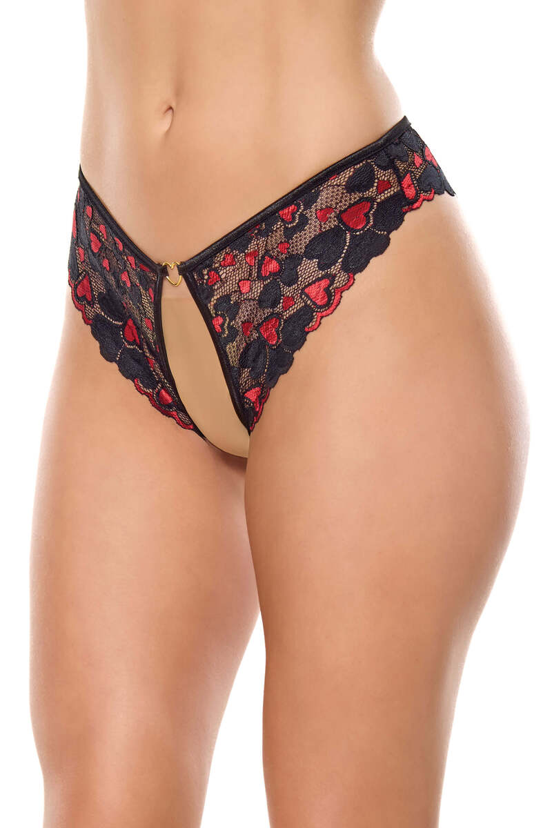 Heart Charm Crotchless Panty Black Front